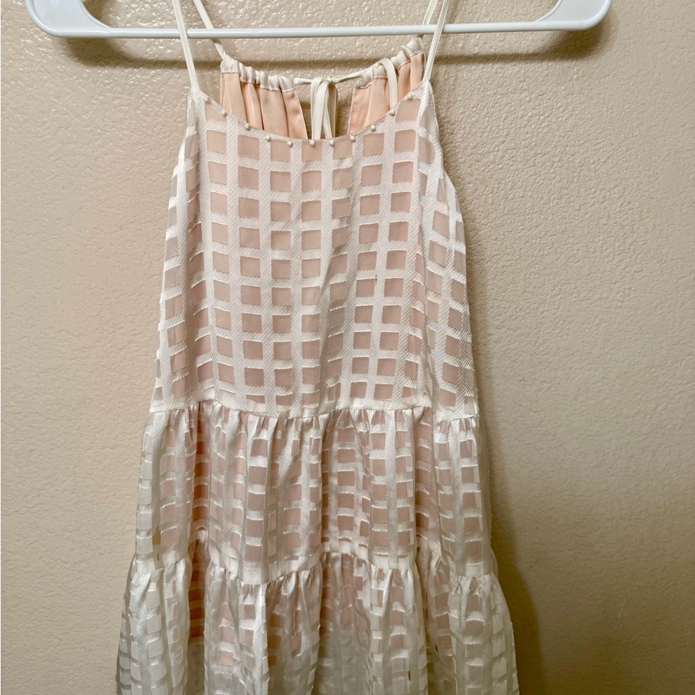 Anthropologie HD In Paris Top XS Petite Cream Beige Sheer Satin Demure Coquette